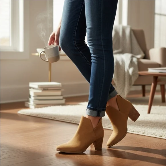 Sun + Stone Modern Microsuede Western Block Heel Booties Boots 7 M Tan BROWN - Picture 2 of 13